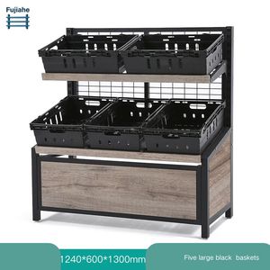 Estante de Exhibición de Verduras de 2 Niveles de Acero y Madera con 5 Cajas <span class=keywords><strong>Grandes</strong></span> de Plástico Negro para Supermercado y Tienda de Abarrotes - Product Image 1