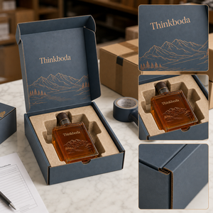 Boîte cadeau rigide bleu marine personnalisée professionnelle avec estampage à chaud en cuivre motif paysage montagneux pour emballage de whisky 750 ml - Product Image 4