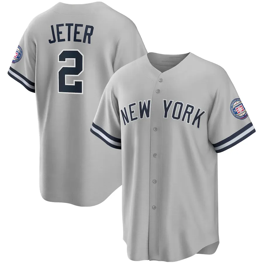 オリジナル1:1ロゴ付きメンズ野球ユニフォームニューヨークチーム #2デレクジーターグレーレプリカプレーヤー名ジャージー野球服