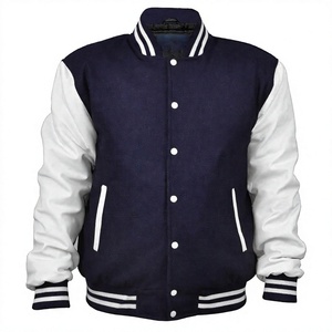 <b>Men's</b> Navy Blue Varsity <b>Jacket</b> With <b>White</b> Sleeves Preppy Style Button Closure Autumn Wear Regular Fit - Product Image 1