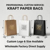 Sacs en papier kraft recyclé brun avec poignées, personnalisables avec logo, pour la vente à emporter, les courses et l'emballage alimentaire, disponibles en blanc et brun