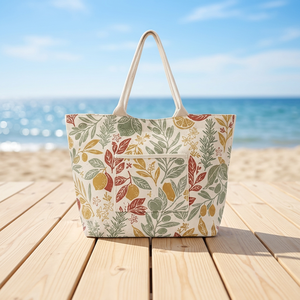 Cotton Shopping Bag with Multicolor <b>Botanical</b> Leaf <b>Print</b> Cotton Shopping Tote Bag with Long Handles - Product Image 1