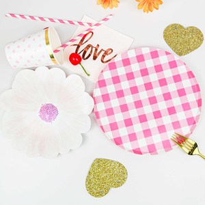 DAMAI New Design Happy Birthday Party Supplies Set with Pink Gingham and Garden Floral Paper Plates Disposable Cups Napkins - Product Image 3