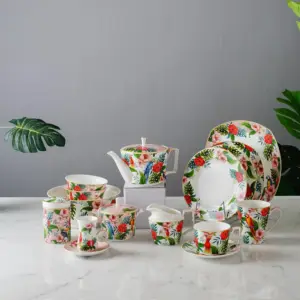 Conjunto de copo de chá de porcelana, conjunto de copo de chá de cerâmica com flor de osso, 15 peças