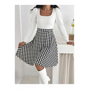 Women's White Square Neck Long Sleeve Flared <b>Dress</b> With Houndstooth Skirt Casual Style - Product Image 1