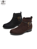 GMM006 Bottines pour femmes en gros, semelle extérieure en PU et TPR, bride à boucle, fermeture éclair latérale, bout pointu, talon bas, noir et marron