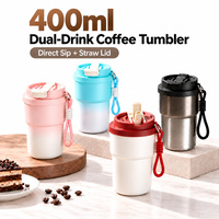 Kingze 400ml Gobelet isotherme à double usage pour café, avec couvercle à paille pour boire directement, logo personnalisé, OEM ODM, Mug de voyage, Tasse à emporter pour café
