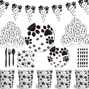 Pet Birthday Party Supplies <b>Disposable</b> Paper Plates Cups Flags Paw Print Decorations For Dog Themed Celebration - Product Image 1