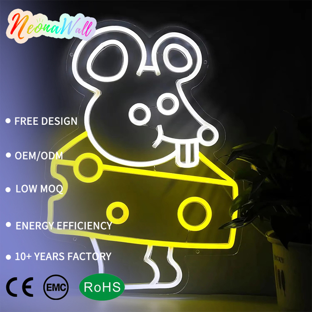 Neonawall Wholesale Custom Cheese Jerry LED Neon Sign Cute Cartoon Animal Night Light Wall Decor for Kids' Rooms 2-Year Warranty