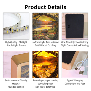 Lampada 3D con intaglio di carta, tram in scatola d'ombra con paesaggio al tramonto nella foresta autunnale, luce notturna a LED, decorazione artistica da scrivania con porta Type-C, regalo - Product Image 4