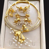 T224D perla de lujo 4 Uds Bowknot flor Brasil italiano 18K Oro africano conjunto de joyería nupcial indio Dubai conjunto de fiesta de boda