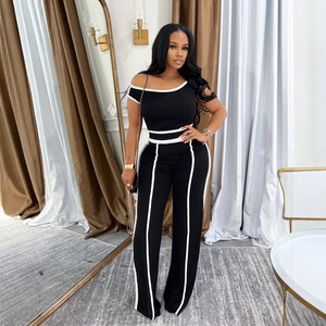 Ensemble <span class=keywords><strong>pantalon</strong></span> taille haute sexy deux pièces pour <span class=keywords><strong>femme</strong></span> BR6506, avec décolleté épaules dénudées et empiècements contrastants - Product Image 1