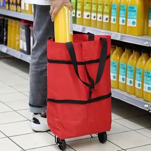 2 1 <b>Foldable</b> Shopping <b>Trolley</b> Wheels Oxford Fabric Collapsible Reusable Tote Bag Letter Pattern Die Cut Handle Shoulder - Product Image 2