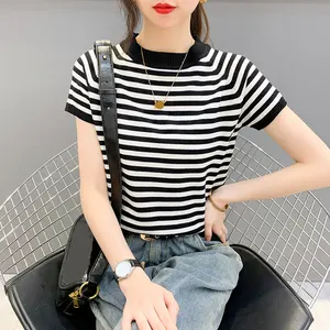 2021 Women Girls Pullover Knitwear New Fashion Style Striped Short Sleeve Knitted Bottoming Stand collar Slim Knitwear
