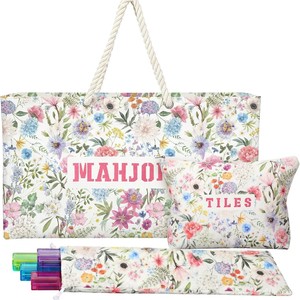 Sac fourre-tout Mahjong imprimé fleurs avec pochette pour tuiles et étui à dés, fermeture éclair en polyester, accessoires de jeu unisexes - Product Image 1