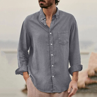 Fournisseur de vêtements impression personnalisée brodée col boutonné hommes solide vierge Vintage coton lin chemise habillée pour hommes