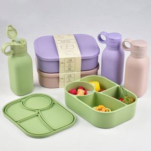 Kids Adults Reusable Silicone 1340Ml Leakproof 4 Compartments BPA Free Food Container Storage Microwave Safe Bento <b>Lunch</b> Box <b>Set</b> - Product Image 5