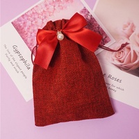 Pochette en lin sérigraphiée Sacs de rangement en tissu de toile de jute avec cordon pour cadeaux de vacances avec emballage textile élégant à nœud
