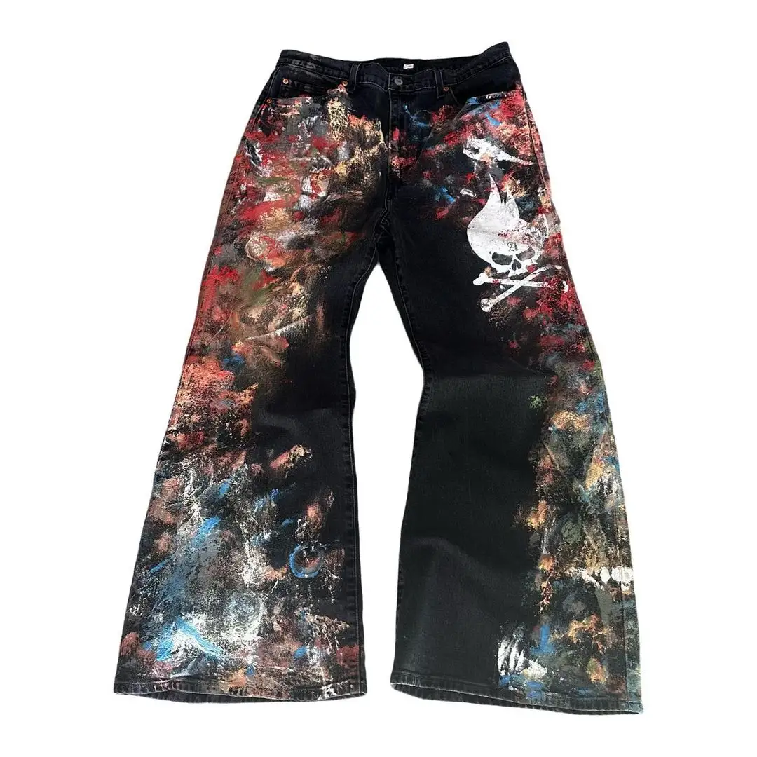 Custom Printing Straight Leg Designer Stretch Denim Stamped Logo All Over Splash Paint Jeans For Men