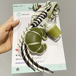 음식 모양 열쇠고리 팬던트 땋은 끈 가방 참 장식 귀여운 PU 가죽 크루아상 말차 밀크티 컵 키체인 - Product Image 2