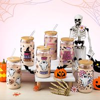 Vente directe usine – Tasse à café en verre 16 oz personnalisable avec logo, tasse à bière avec couvercle en bambou et paille, idéale pour les événements d'Halloween