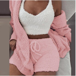 <span class=keywords><strong>Pigiama</strong></span> Primaverile da <span class=keywords><strong>Donna</strong></span> alla Moda, Set da Notte in <span class=keywords><strong>Peluche</strong></span> con Cappuccio, Gilet e Pantaloncini, 3 Pezzi, Sexy e Confortevole - Product Image 4