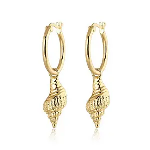 Khuyến Mãi Bling Mạ Vàng Thiết Kế Thời Trang Hợp Thời Trang Trang Sức Micro Pave Cz Biển Conch Dangle Phụ Nữ Hoop Earrings
