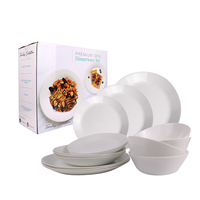 Alat makan opal putih polos 6/7/8 inci, peralatan makan kaca tempered opal piring makan malam dan mangkuk di benang timbul untuk hotel