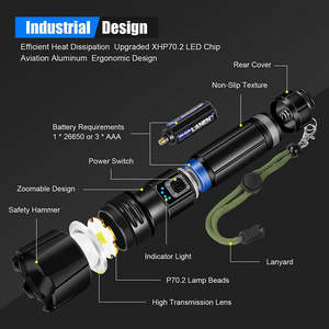 Linterna LED Táctica Recargable de Aleación de Aluminio, Súper Brillante, Largo Alcance, 400-500M de Distancia de Haz, IP66 Impermeable, XHP70 90 - Product Image 2