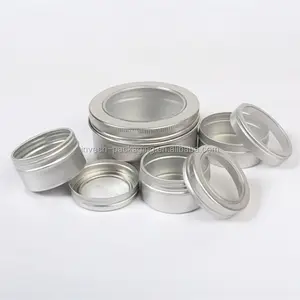 empty 2oz round tin can with clear window lid for gift packaging. silver 2oz aluminum can with black sponge inside