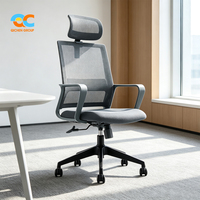 Chaise de bureau ergonomique avec appui-tête en maille, dossier haut gris, soutien lombaire, siège rembourré en tissu, chaise de direction pivotante