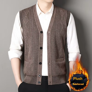 Gilet en tricot pour homme personnalisé de haute qualité, doublé de polaire chaude, sans manches, col en V, boutonné, avec poches - Product Image 2
