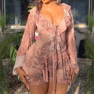 เดรสแฟชั่นผู้หญิง คอระบาย แขนยาว ผ้าตาข่าย ลายเสือดาว เปิดไหล่ ชายกระโปรงจีบ - Product Image 1