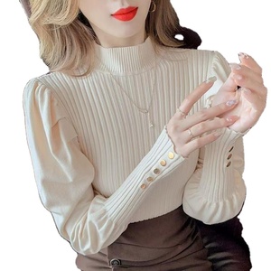 สเวตเตอร์แขนพองยาวสำหรับผู้หญิงเสื้อสเวตเตอร์คอตั้งสีล้วนสไตล์ฝรั่งเศส - Product Image 2