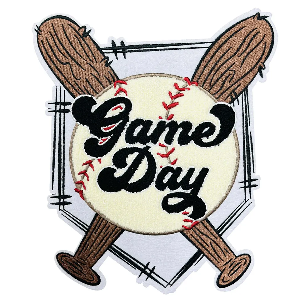 Fabbricazione di Baseball personalizzato ciniglia ricamo Patch Sport giorno gioco ciniglia distintivo di ferro su toppe per l'abbigliamento