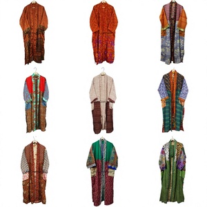 Kimono vintage 100% seda sari para mujer, hecho a mano, patchwork, estilo bohemio, camisón largo chino, talla única, ropa de lujo para verano, Rajasthan - Product Image 1