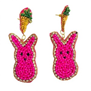 Unique Pink Bunny Beaded Drop <b>Earrings</b> With Rhinestone Trim Gold Plated Women's Party Jewelry Cartoon Style <b>Cute</b> Fashionable - Product Image 1