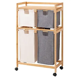 2 Tiers Wooden Washing Shelf Cart 4 Clothing Storage Bags Bamboo Laundry Hamper Stand With Wheels