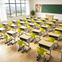 Ensemble bureau et chaise pour école primaire, double niveau, deux tiroirs, réglable, panneau haute densité 1,8 cm, bordure en PP, pour salle de classe en Indonésie