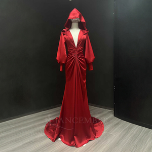 Vestido de Noche Rojo con Capucha Nt12, Manga Larga, Cuello en V Profundo, Estilo Sirena, de Seda, Elegante, para Eventos Formales, Jancember - Product Image 2
