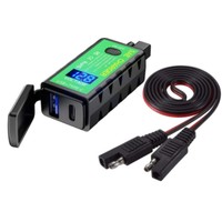 Chargeur moto 12V SAE vers double USB-C et charge rapide QC3.0, avec affichage numérique et interrupteur marche/arrêt