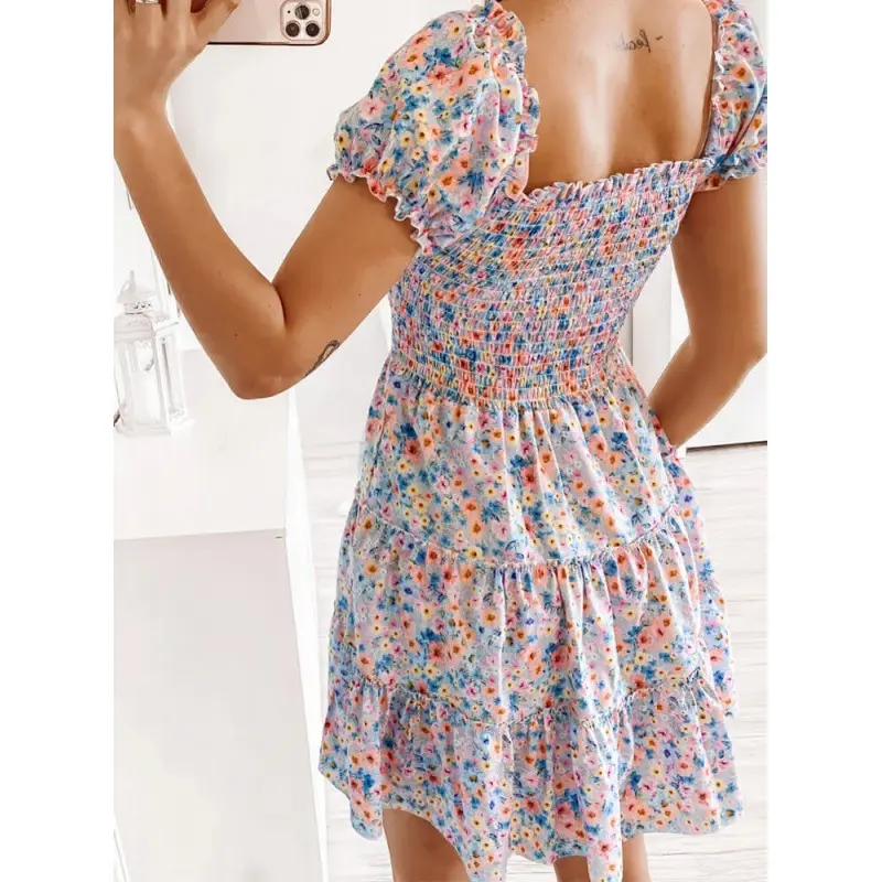 women's clothes summer ruffle sleeve sweetheart neckline printing sundress mini dresses