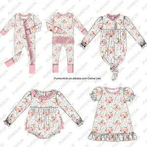 Ropa personalizada para niños, mameluco floral de algodón de bambú para niñas recién nacidas, pijama con volantes y burbujas