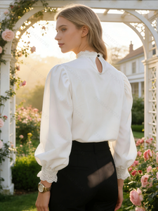 Blusa Blanca Estilo Victoriano con Ribete de Encaje Negro - Elegante Blusa con Cuello Alto y Mangas Abullonadas - Product Image 3