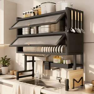 Estante de cocina de hierro moderno, portátil, no plegable, con escurridor de platos y puerta de gabinete para el hogar - Product Image 1