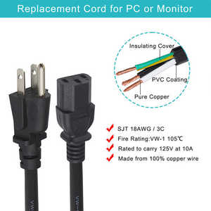 Cable de Alimentación Industrial NEMA 5-15P a C13, Cable de Alimentación con Núcleo de Cobre de 16AWG, 10A 125V para Rack de Servidor, Monitor, Escritorio - Product Image 3
