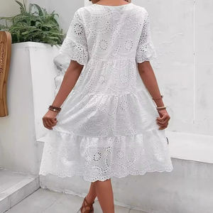 Robe midi à col rond et manches courtes, style plage, design d'usine, broderie personnalisée en coton pour femmes - Product Image 4