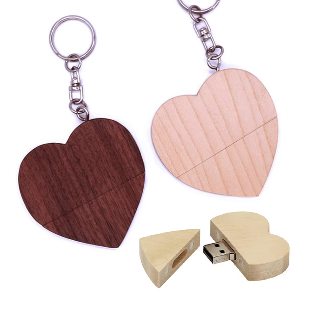 New Wholesale Wood USB 2.0 Flash Drive Custom Logo Heart Shape Memory Sticker Bulk Pendrive for Corporate Gift 16GB 32GB