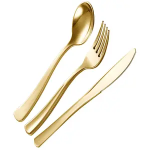 Palmy New Rose Gold Disposable Plastic Cutlery disposable cutlery gold ice cream spoon Fork Knife and Spoon Set