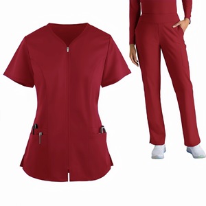 Women <b>Scrub</b> <b>Tops</b> Solid Color V Neck Short Sleeve Polyester Hospital Uniforms for Medical Workwear with Front Zip and Pockets - Product Image 2